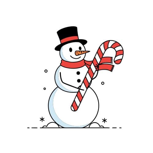 Snow man holding a candy cane